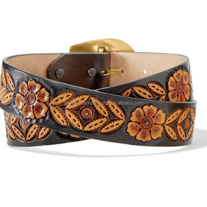 Cinturón de herramientas de cuero occidental de grano completo negro en relieve floral tallado a mano clásico para unisex con juego de hebilla de latón - Product Image 1