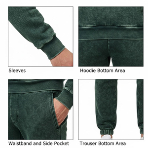Custom Front Dark Green Acid Wash Breathable Eco-Friendly Casual Winter Hooded Heavyweight Fleece Puffy <b>Embroidery</b> Men Tracksuit - Product Image 4