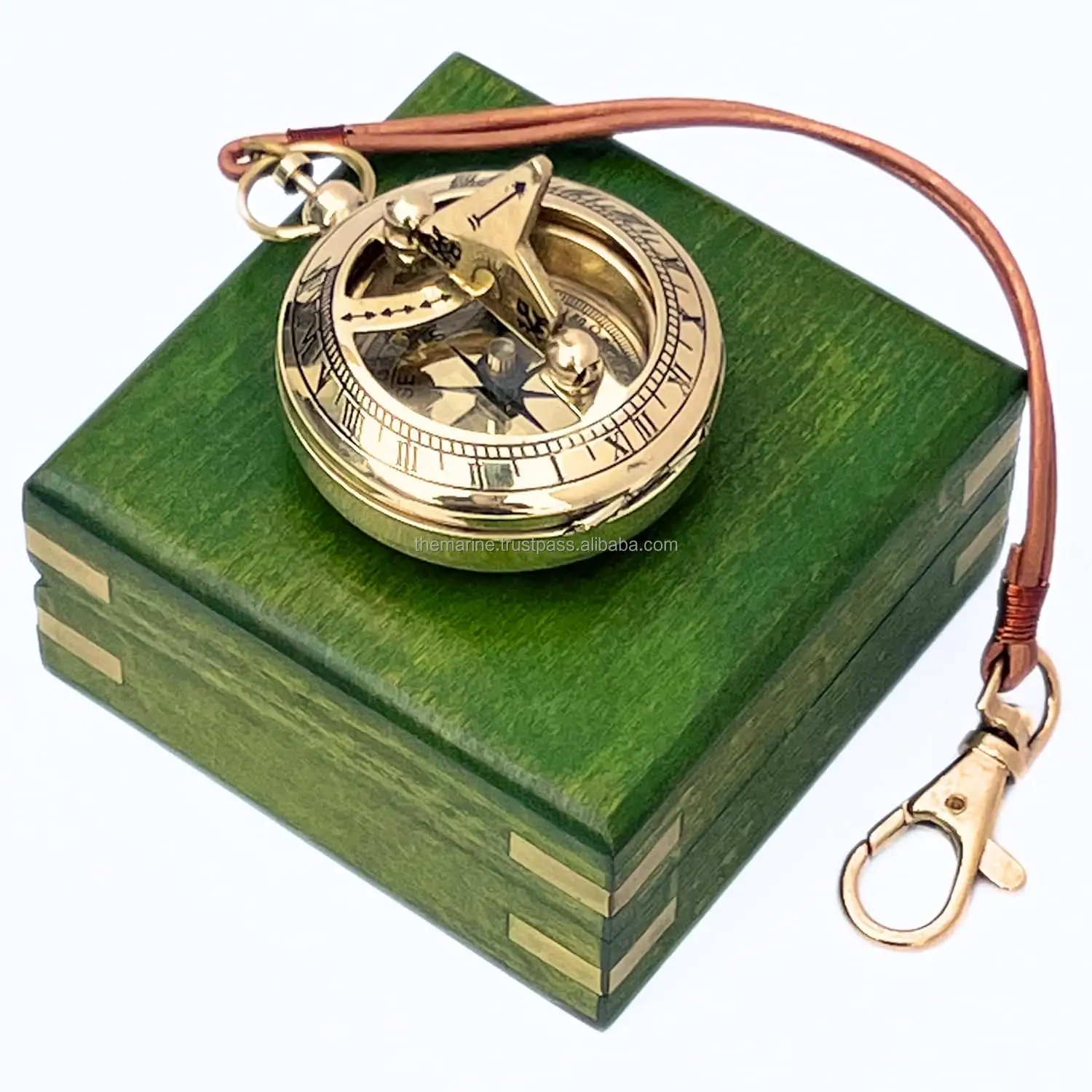 Handmade hải lý rắn brass Mini push button Đồng hồ mặt trời la bàn với độc đáo màu xanh lá cây hộp gỗ trang trí nhà