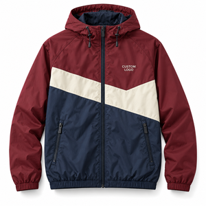 Chaqueta Cortavientos Personalizada con Paneles Diagonales en Borgoña, Crema y Azul Marino, con Capucha, Cierre Completo y Logotipo Bordado, Fabricante Mayorista - Product Image 2