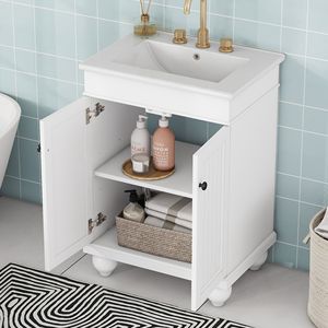 24-Inch Sleek Modern Bathroom Vanity with Elegant Ceramic Sink Solid Wood <b>Frame</b> Adjustable Shelf - Product Image 2