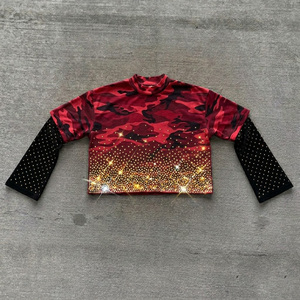 เสื้อยืดโอเวอร์ไซส์สั่งทำพิเศษ ผ้าคอตตอนหนานุ่ม พิมพ์ลายกราฟิก ซักย้อมสีแบบแอซิดวอช ประดับคริสตัล แขนยาว สไตล์วินเทจ ผ้าสองชั้น - Product Image 1