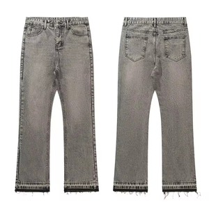 Autumn Men's Retro Mid-Rise Breathable Wide Leg Pants <b>Jeans</b> Smoky Gray Tassels Cement Gray Washed Denim Solid Pattern <b>Button</b> - Product Image 3