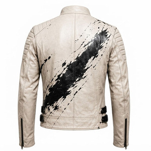 Custom Logo Men's Real Leather <b>Biker</b> <b>Jacket</b> Cream <b>White</b> Paint Splash Artwork Stand Collar Zip Cuffs Buckle Straps Private Label - Product Image 2