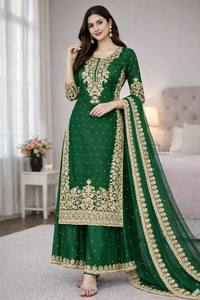 Ensemble Salwar Kameez de Luxe en Soie avec Broderie Zari Dorée, Tenue de Cérémonie Designer, Ensemble Palazzo en Georgette avec Bordure, Hiver et Été - Product Image 5