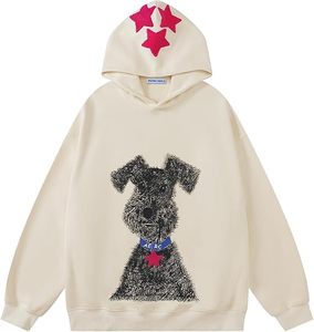 Sudadera con Capucha de Invierno para Mujer, Estilo Urbano, con Estampado de Perro Negro y Bordado de Estrellas Rosas, 100% Algodón, Logotipo Frontal - Product Image 1