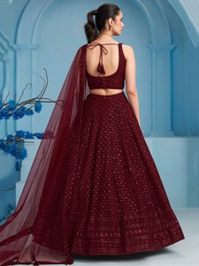 Conjunto de Lehenga Maxi de Satén con Encaje Borgoña, Corte en A, Sin Mangas, Bordado, Vestido de Noche de Dos Piezas con Dupatta de Tela de Red, para Banquetes y Bodas - Product Image 4