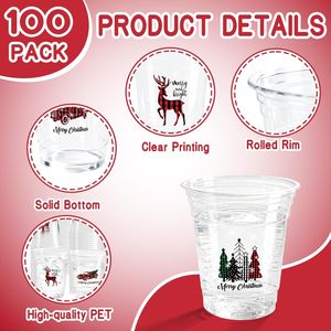 100 Pezzi Bicchieri di Plastica Usa e Getta da 12 Oz per Natale, Design a Quadri Buffalo, Rosso e Nero, con Scritta 'Buon Natale' - Product Image 4