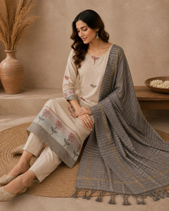 Unstitched <b>Hand</b> Embroidered Jamdani Cotton Kurta <b>Set</b> in <b>Cream</b> White for Women Available at wholesale Price - Product Image 2