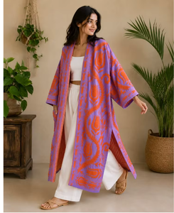 Style De Maison Suzani Longue veste kaftan pour femme, brodée à la main, imprimé floral vintage, tricot en mélange de coton, manches chauve-souris, ceinture - Product Image 4