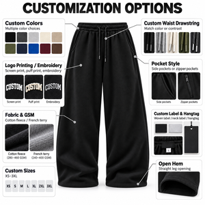 Men's Black Fleece baggy oversized Sweatpants Elastic Waist Drawstring Casual <b>Pants</b> With Side Pockets Autumn Wear - Product Image 4