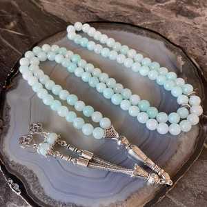 Chapelet de prière en jade vert menthe fait main, Misbaha islamique avec pompon argenté, cadeau musulman pour le Ramadan et l'Aïd, perles de prière rondes - Product Image 4