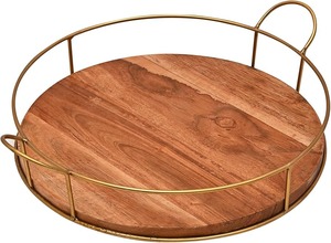 Ensemble de 2 plateaux de service ronds en bambou avec poignées métalliques, fournisseur en gros de plateaux de service pour la cuisine, Inde - Product Image 4