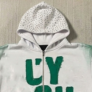 Sweat à capuche unisexe de haute qualité, épais, vintage, avec broderie et patchs, fermeture éclair et strass, pour l'hiver - Product Image 2