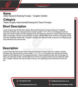 Pinzas Adson Bayonet con Puntas de Carburo de Tungsteno, Pinzas Quirúrgicas de Acero Inoxidable, Instrumento Médico - Product Image 5