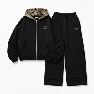 1TEN APPARELS <b>Black</b> Camo Hood <b>Zip</b> Tracksuit Set Oversized <b>Hoodie</b> Wide Leg Sweatpants Organic Cotton Lightweight for Unisex - Product Image 1