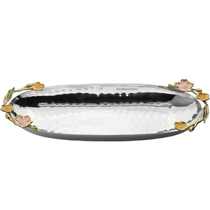 Bandeja Moderna Ovalada Plateada con Diseño Martillado y Asa Única en Forma de Hoja Dorada, Ideal para Restaurantes y Servicios de Catering - Product Image 3