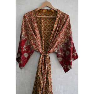 Bata Kimono de Seda con Parches para Mujer, Tallas Grandes, Estilo Bohemio, Larga, Transpirable, para Otoño - Product Image 1