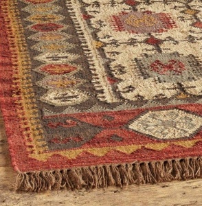 Tapis kilim oriental tufté à la main, motif floral, mélange laine acrylique, rectangulaire, poils moyens, support en jute, lavable - Product Image 1