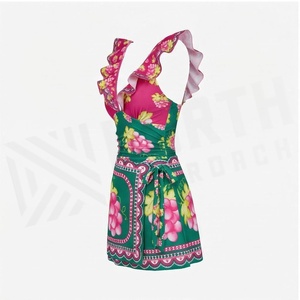 Floral Print Women's 2 Piece Tankini <b>Set</b> With Ruffled Neckline And <b>Skirt</b> Bottoms Stretch Swimwear - Product Image 3