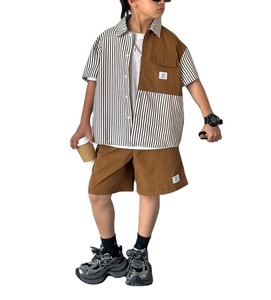<b>Boys'</b> Summer Casual Cotton Woven Outfit Set Featuring Striped Print Shirt Stylish Brown Color-Block Top Trendy Button-<b>Up</b> Shirt - Product Image 4