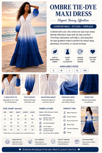 Elegante Vestido Maxi Azul Degradado con Efecto Tie-Dye - Vestido Largo Premium de Algodón con Cuello en V, Mangas Abullonadas y Diseño Escalonado para Vacaciones en la Playa o Resort - Product Image 4