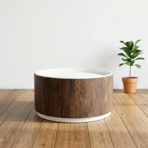 Modern <b>Round</b> Walnut Wood Coffee <b>Table</b> with White Top Decorative Low Side <b>Table</b> for Living Room - Product Image 1