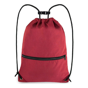 Red Polyester <b>Drawstring</b> <b>Backpack</b> With Zipper Pocket Adjustable Straps Plain Dyed Woven Sport Bag wholesale supplier - Product Image 1