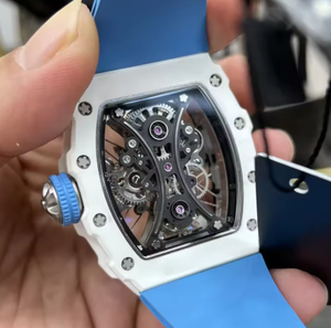 RM AMG Fully <b>Skeletonized</b> Tourbillon Tonneau-shaped Mechanical <b>Watch</b> Blue White blocked X-shaped Frame Men's Wristwatch - Product Image 3