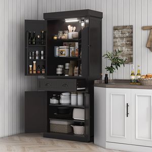 Armoire de rangement autoportante de 71 pouces de hauteur pour cuisine, noire, avec éclairage LED et tiroirs réglables - Product Image 2