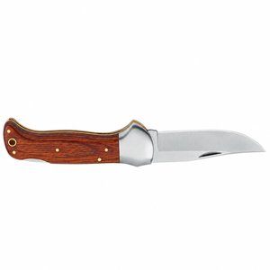 Navajas de bolsillo plegables con mango de madera marrón, hoja curva plateada, bolster metálico y remaches de latón para camping al aire libre y uso diario - Product Image 3