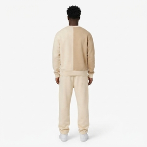 Men Beige Two Tone Sweatshirt <b>Jogger</b> <b>Set</b> Crewneck Contrast Panel <b>Matching</b> Two Piece Tracksuit Streetwear Outfit - Product Image 2