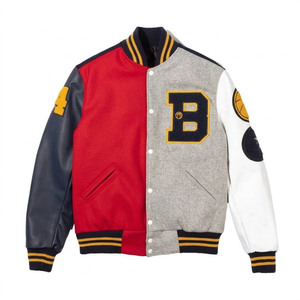 Men's Color Block Varsity <b>Jacket</b> With Embroidered B Logo And Patch Designs Preppy Style Autumn Wear - Product Image 6