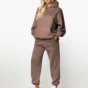 Ensemble sweat à capuche pour femme, coupe ample, couleur unie, en polaire, tenue décontractée deux pièces, pantalon long et haut à manches longues - Product Image 1