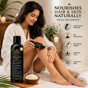 Huile de sésame blanche pour cheveux et peau |   Huile de sésame 100% pure et naturelle pour les soins des cheveux, le massage du cuir chevelu et la nutrition de la peau |   OEM Complet - Product Image 4