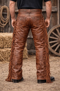 Pantalon Western en Cuir Léger et Respirant pour Homme, Taille Haute, Coupe Droite, Style Vintage, Fermeture Boutonnée, Poches Décoratives - Product Image 5