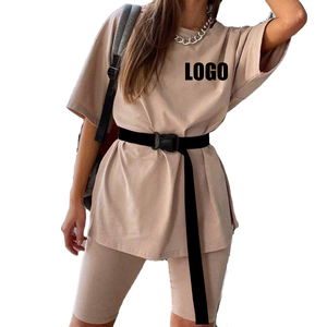 Conjunto de 2 Piezas para Mujer, Color Beige, Manga Corta, Cuello Redondo, Informal, Tejido de Algodón, Corte Holgado, con Cinturón, para Primavera/Verano - Product Image 1