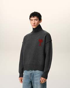 Suéter de Cuello Alto Gris Oscuro para Hombre, con Logotipo de Corazón Bordado, Tejido de Lana, Estilo Holgado, para Invierno - Product Image 4