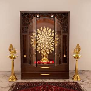 Armoire de rangement sur mesure en teck massif style Corian, design religieux traditionnel et moderne, unité de Puja - Product Image 3