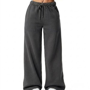 MEYBA SPORTS Women's <b>Charcoal</b> Grey Wide Leg Elastic Waist Lounge Pants Mid Waist Loose Fit Casual Everyday Comfort Trousers - Product Image 4