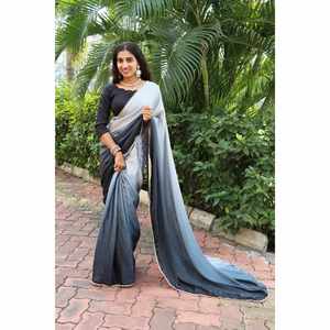 ATTRACTIVE CHINON SOIE TEINTE EN MOULIN AVEC PERLE DENTELLE TRAVAIL SAREE AVEC CHEMISIER INCOSÉ CIEL - Product Image 1