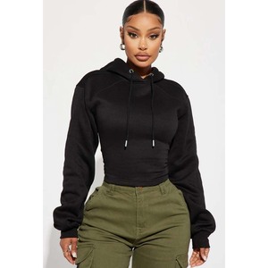 <b>Women's</b> <b>Black</b> Cropped Hoodie With Drawstring Regular Sleeve Knitted <b>Sweatshirt</b> Solid Color Autumn Wear - Product Image 3