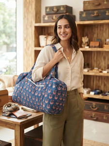 Handmade Manufacturer Quilted <b>Patchwork</b> Duffle Tote Shoulder Blue <b>Bag</b> Cotton Eco Friendly Travel Yoga Shopping Beach Boho - Product Image 2