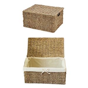 Eco-Friendly Seagrass <b>Storage</b> <b>Basket</b> with Lid Rectangle Woven Design Cotton Lining Multifunction Home Decor From Vietnam - Product Image 1