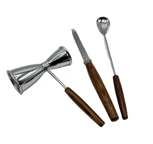 Set peralatan Bar 3 buah-Stainless Steel, sendok koktail sisi ganda dengan pegangan kayu, pisau bumbu,