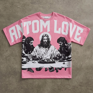 T-shirt rose surdimensionné personnalisé pour homme en coton épais avec imprimé graphique, épaules tombantes, style streetwear, motif Dernière Cène chrétienne - Product Image 2