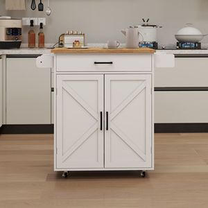 Carrello da Cucina Regolabile Bianco con Ruote, Porta Spezie, Portasciugamani e Piano in Legno di Gomma per Organizzazione - Product Image 2