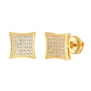 Boucles d'oreilles clous géométriques carrées en moissanite taille ronde, plaqué or jaune 14 carats, bijoux hip-hop pour hommes, clarté VVS, effet diamant - Product Image 1