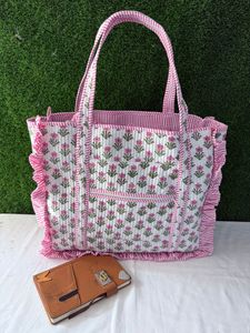 Sac fourre-tout écologique jaune patchwork matelassé à volants, réutilisable, en pur coton, avec logo personnalisé imprimé, grand format, pour le shopping - Product Image 2