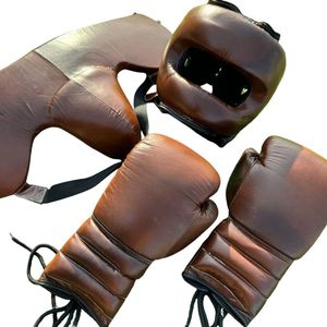 Vintage Brown Leather Boxing Set Retro Training Headgear <b>Lace</b> Up Gloves Protective Gear Bundle 3-Piece Boxing Set - Product Image 1
